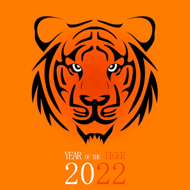 Feliz año nuevo chino 2022 Tarjeta de felicitación de fondo naranja con cara de tigre Banner de ventas