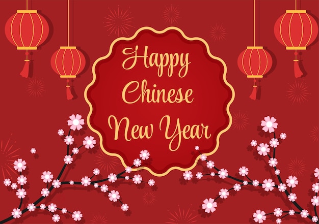 Feliz año nuevo chino 2022 con zodiaco lindo tigre y flor sobre fondo rojo para tarjeta de felicitación, calendario o póster en ilustración de diseño plano