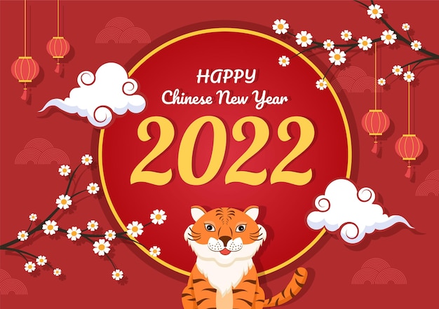 Feliz año nuevo chino 2022 con zodiaco lindo tigre y flor sobre fondo rojo para tarjeta de felicitación, calendario o póster en ilustración de diseño plano