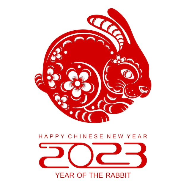 Feliz año nuevo chino 2023 año del signo del zodiaco del conejo gong xi fa cai con elementos florlanternasianos estilo de corte de papel dorado en color Traducción de fondo Feliz año nuevo año del conejo