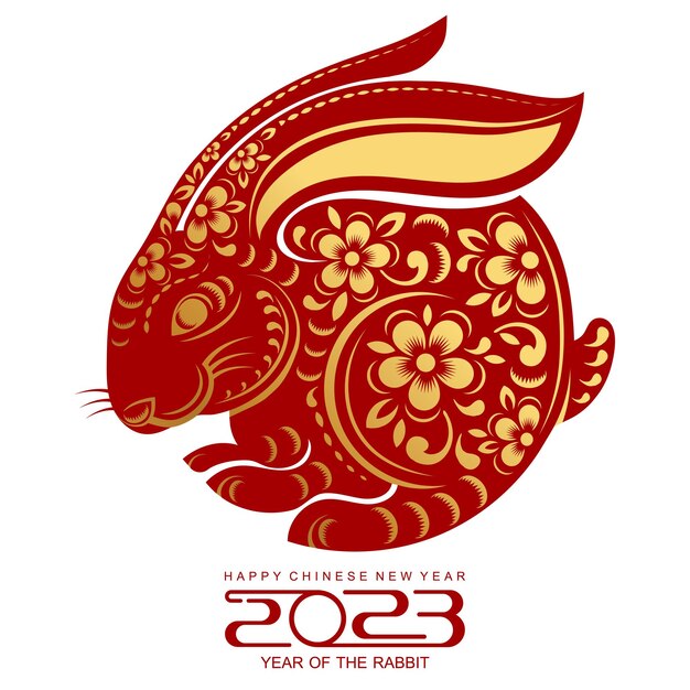 Conejo de año nuevo chino silueta de conejito rojo animal del zodiaco  tradicional rojo con flores blancas tarjeta de horóscopo 2023 o póster  cuadrado calendario lunar asiático vector ilustración oriental