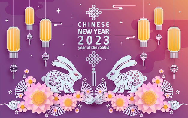 Feliz año nuevo chino 2023 año del zodíaco conejo con fondo de color