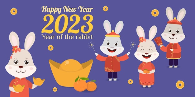 Feliz año nuevo chino 2023 Conejitos divertidos en trajes tradicionales chinos desean año nuevo