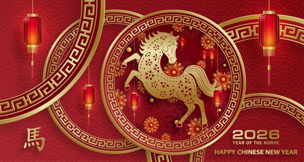 Feliz año nuevo chino 2026 caballo signo del zodiaco con estilo de corte de papel dorado en fondo de color