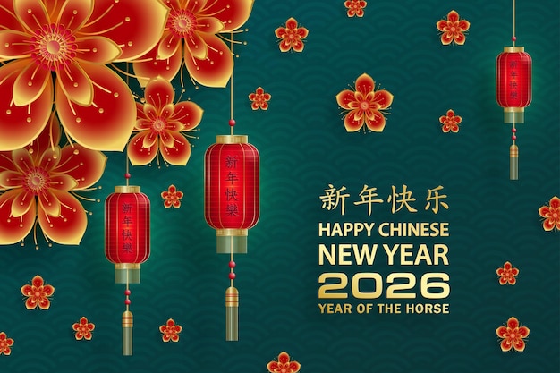 Feliz año nuevo chino 2026 caballo signo del zodiaco con estilo de corte de papel dorado en fondo de color