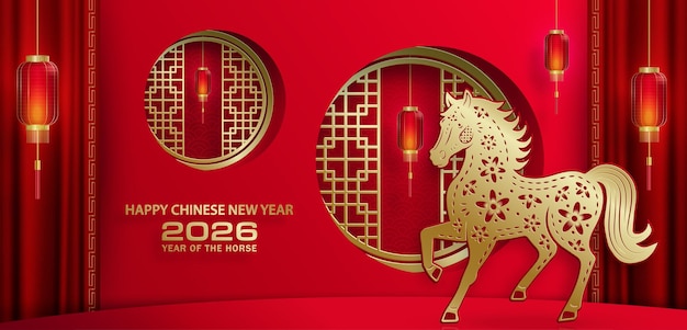 Feliz año nuevo chino 2026 caballo signo del zodiaco con estilo de corte de papel dorado en fondo de color