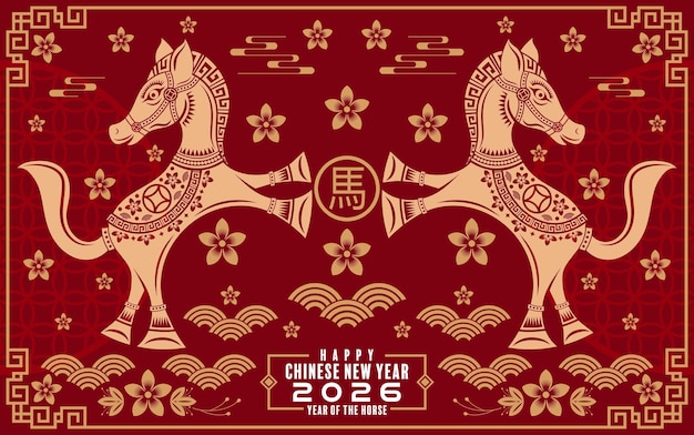 Feliz año nuevo chino 2026 fondo con caballo año del zodiaco del caballo con en fondo de color traducción feliz año nuevo chino caballo 2026 xA