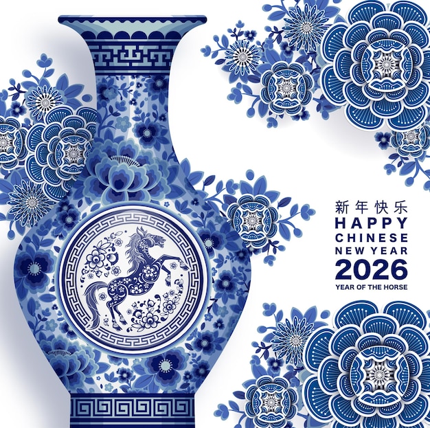 Feliz año nuevo chino 2026 el signo del zodiaco del caballo con flores linterna elementos asiáticos papel de color blanco y azul corte estilo en fondo de color traducción feliz año nuevo 2026 año del caballo