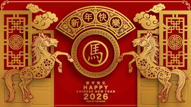 Feliz año nuevo chino 2026 el signo del zodiaco del caballo con flores linterna elementos asiáticos papel de color rojo y dorado estilo de corte en fondo de color Traducción feliz año nuevo 2026 año del caballo xA