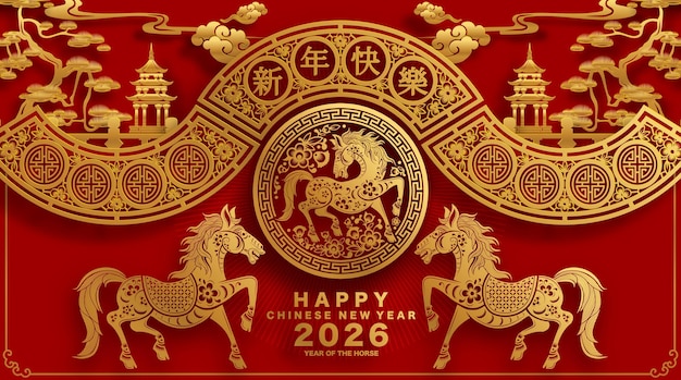 Feliz año nuevo chino 2026 el signo del zodiaco del caballo con flores linterna elementos asiáticos papel de color rojo y dorado estilo de corte en fondo de color Traducción feliz año nuevo 2026 año del caballo xA