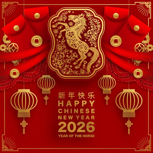 Feliz año nuevo chino 2026 el signo del zodiaco del caballo con flores linterna elementos asiáticos papel de color rojo y dorado estilo de corte en fondo de color Traducción feliz año nuevo 2026 año del caballo xA