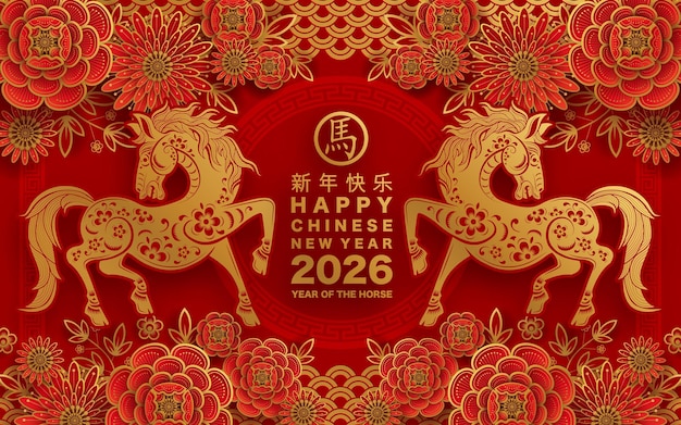 Feliz año nuevo chino 2026 el signo del zodiaco del caballo con flores linterna elementos asiáticos papel de color rojo y dorado estilo de corte en fondo de color Traducción feliz año nuevo 2026 año del caballo xA