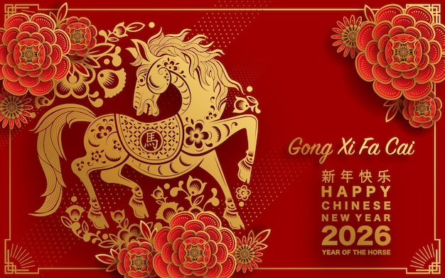 Feliz año nuevo chino 2026 el signo del zodiaco del caballo con flores linterna elementos asiáticos papel de color rojo y dorado estilo de corte en fondo de color Traducción feliz año nuevo 2026 año del caballo xA