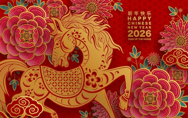 Feliz año nuevo chino 2026 el signo del zodiaco del caballo con flores linterna elementos asiáticos papel de color rojo y dorado estilo de corte en fondo de color Traducción feliz año nuevo 2026 año del caballo xA