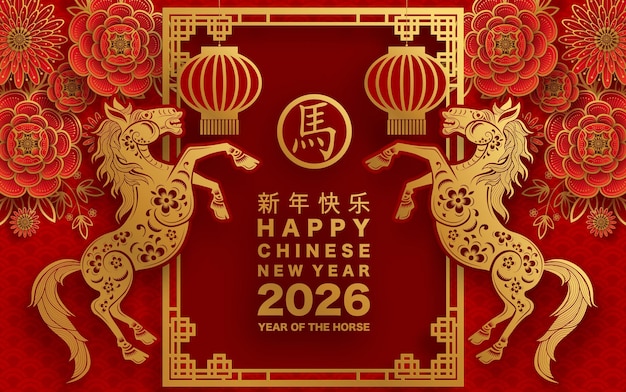 Feliz año nuevo chino 2026 el signo del zodiaco del caballo con flores linterna elementos asiáticos papel de color rojo y dorado estilo de corte en fondo de color Traducción feliz año nuevo 2026 año del caballo xA