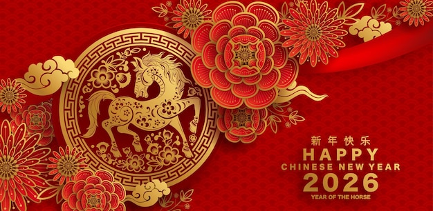Feliz año nuevo chino 2026 el signo del zodiaco del caballo con flores linterna elementos asiáticos papel de color rojo y dorado estilo de corte en fondo de color Traducción feliz año nuevo 2026 año del caballo xA