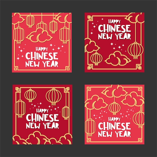 Feliz año nuevo chino con adorno lineal de linterna roja