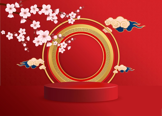 Feliz año nuevo chino Escenario de podio con flores de sakura Festivales chinos Festival del medio otoño