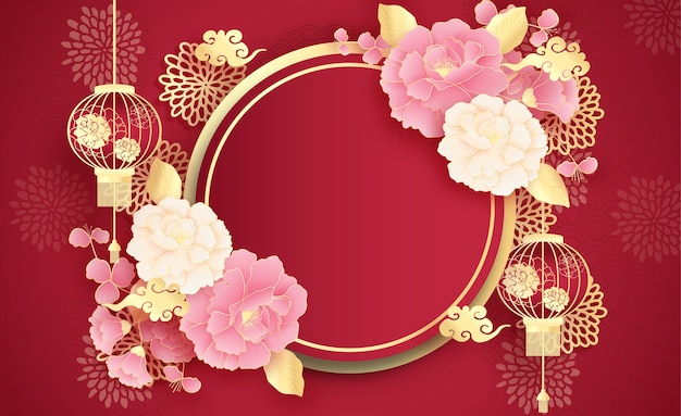 Feliz año nuevo chino fondo, plantilla con linterna colgante y flores de peonía, estilo de corte de papel