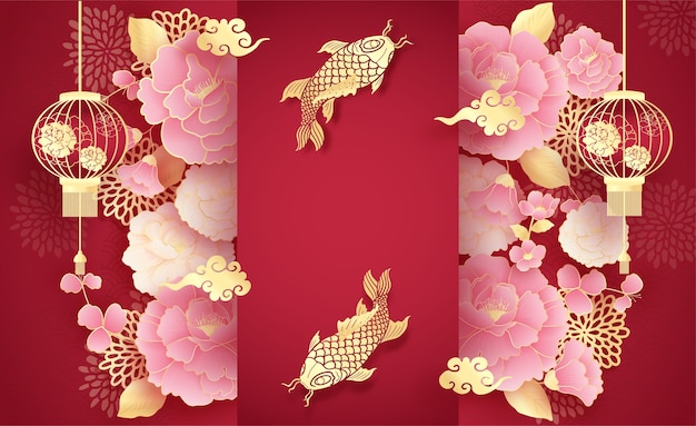 Feliz año nuevo chino fondo, plantilla con linterna colgante, pez koi dorado y flores de peonía, estilo de corte de papel