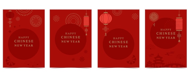 Feliz Año Nuevo Chino en fondo rojo con fuegos artificiales