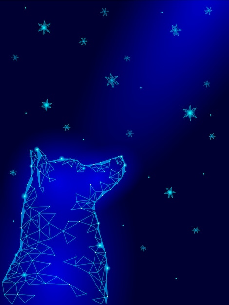 Vector feliz año nuevo chino de perro, laika sentada mirando hacia arriba cielo copos de nieve geométricos