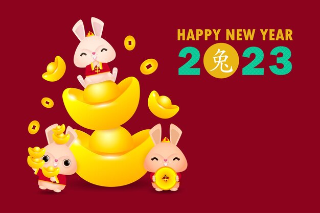 Feliz año nuevo chino tarjeta de felicitación 2023 lindo conejito conejito año del conejo gong xi fa cai