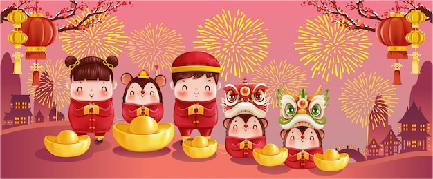 Feliz año nuevo chino tarjetas de felicitación 2020.