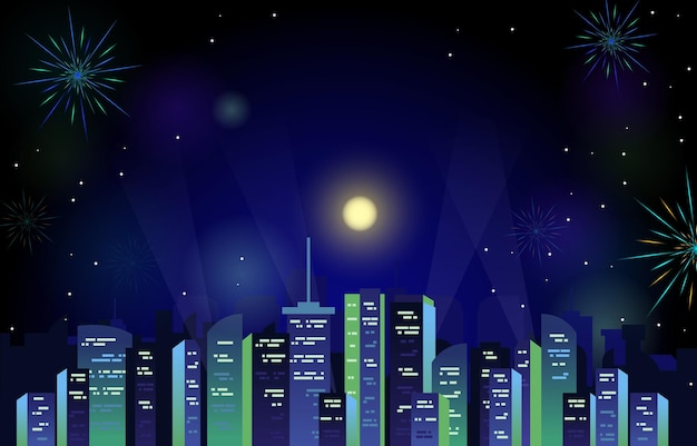 Feliz Año Nuevo Ciudad Edificio Paisaje Urbano Fuegos Artificiales Luna Llena