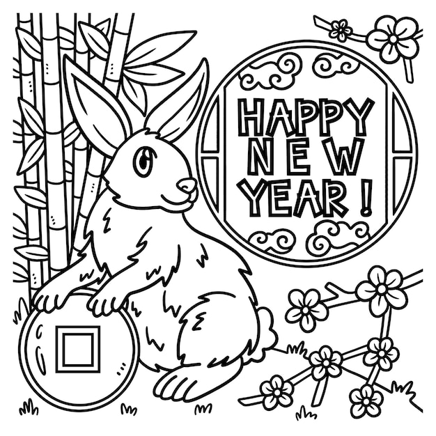 Feliz año nuevo conejo página para colorear para niños