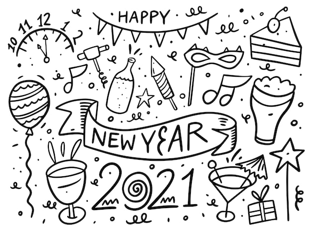 Feliz año nuevo conjunto de elementos de doodle. de tinta negro. aislado sobre fondo blanco.