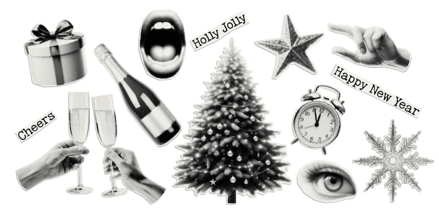 Feliz Año Nuevo Conjunto de vectores cortados con elementos navideños Decoración de moda con efecto halfton para un diseño de portada de collage de tarjetas de felicitación