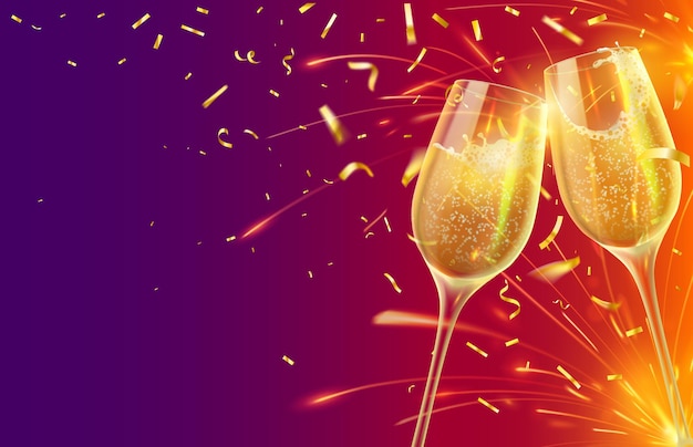 Feliz año nuevo con copas de champán. Banner de Navidad festiva con dos copas con vino espumoso y concepto de vector de confeti de oro brillante. Ilustración celebración con champán, brindis con vino de Navidad