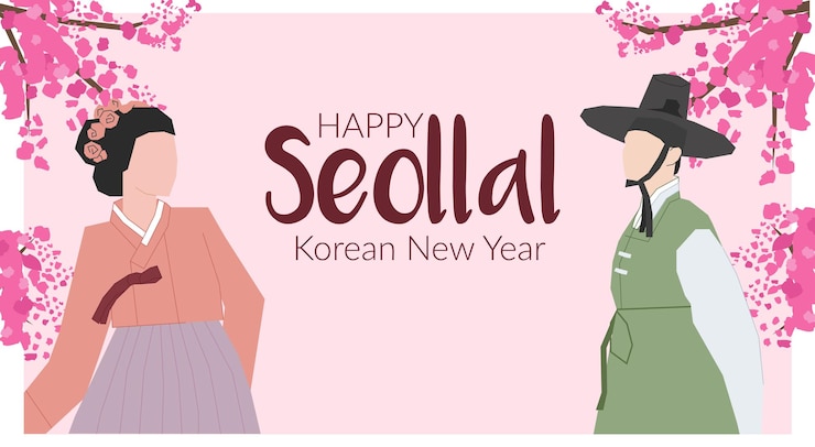 Vector feliz año nuevo coreano seollal diseño de banner web mujer y hombre en hanbok