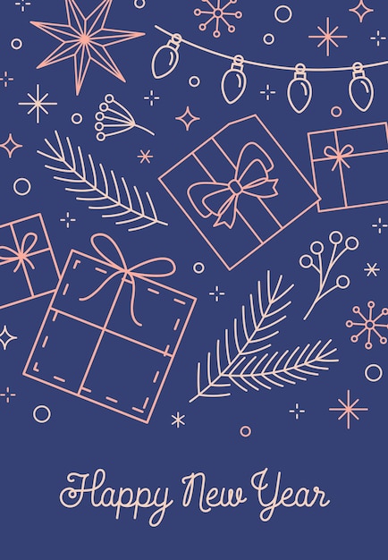 Feliz año nuevo desea plantilla de tarjeta de felicitación. regalos de moda, ramas de abeto ilustración lineal con caligrafía. felicitación elegante sobre fondo azul para el diseño de la postal de navidad.