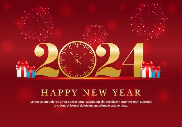 Feliz año nuevo diseño 2024 Con una ilustración de números de papel sobre fondo rojo Diseño simple