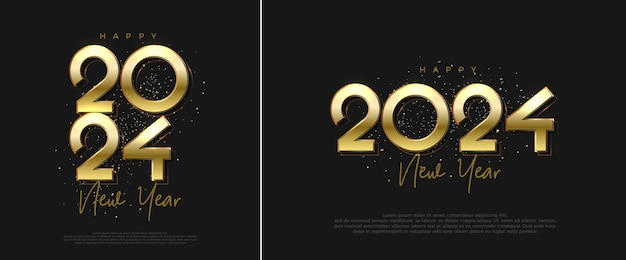Feliz año nuevo diseño 2024 con un número dorado brillante en un fondo negro vector background premium para saludos y celebraciones