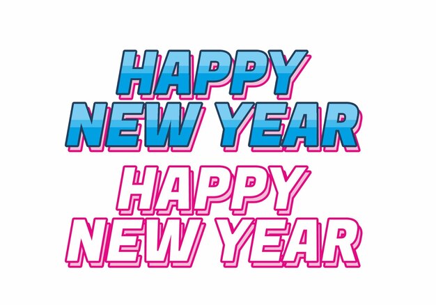 Feliz año nuevo diseño de efectos de texto en colores azul rosa fondo blanco