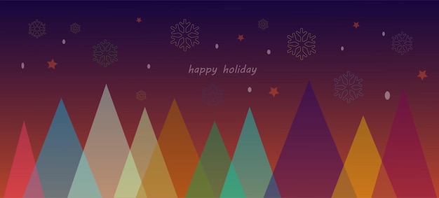 Feliz año nuevo, diseño de fondo de feliz navidad. letras de felices fiestas con montañas, copos de nieve