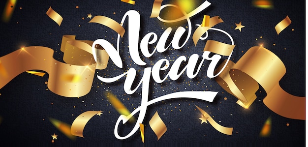 Feliz año nuevo diseño de la tarjeta de felicitación. Año nuevo caligráfico letras decoradas.