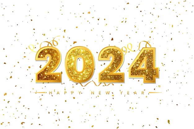 Feliz año nuevo dorado 2024 letras con fondo de confeti dorado