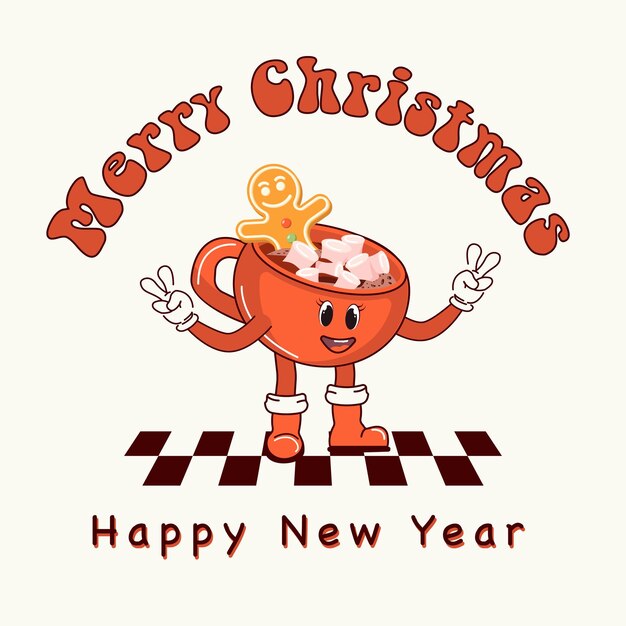 Feliz año nuevo dulce taza de cacao caliente personaje retro en estilo de dibujos animados groovy