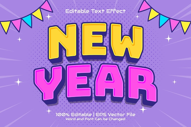 Feliz año nuevo efecto de texto editable estilo de dibujos animados en 3d