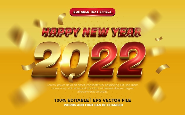 Feliz año nuevo elegante efecto de texto editable 3d en negrita de oro rojo sobre fondo amarillo