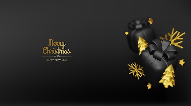 Feliz Año Nuevo y Feliz Navidad 2025 Árbol de Navidad Cajas de regalos Bolas de Navidad Tarjetas de felicitación Renderización vectorial 3d