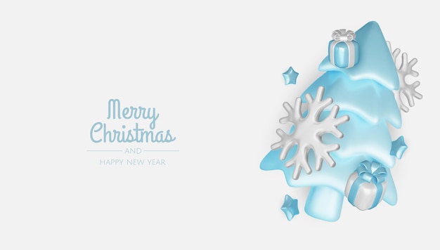 Feliz Año Nuevo y Feliz Navidad 2025 Árbol de Navidad Cajas de regalos Bolas de Navidad Tarjetas de felicitación Renderización vectorial 3d