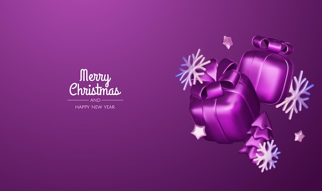 Feliz Año Nuevo y Feliz Navidad 2025 Árbol de Navidad Cajas de regalos Bolas de Navidad Tarjetas de felicitación Renderización vectorial 3d