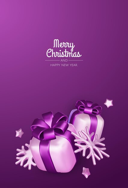 Feliz Año Nuevo y Feliz Navidad 2025 Árbol de Navidad Cajas de regalos Bolas de Navidad Tarjetas de felicitación Renderización vectorial 3d