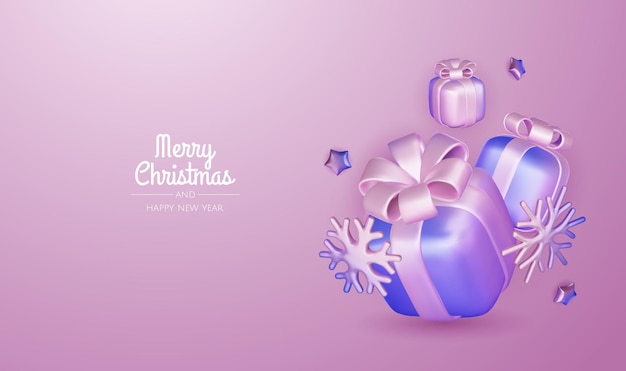 Feliz Año Nuevo y Feliz Navidad 2025 Árbol de Navidad Cajas de regalos Bolas de Navidad Tarjetas de felicitación Renderización vectorial 3d