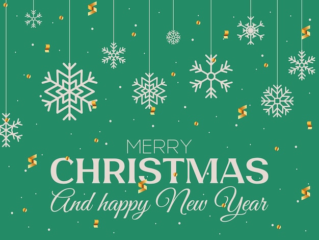 Feliz año nuevo y feliz Navidad 2025 con copos de nieve y confeti tarjeta de felicitación de color verde